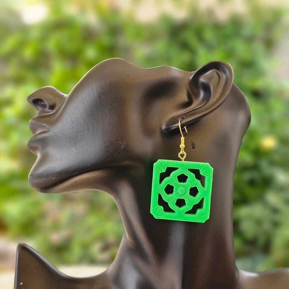 Jumbo Jade Tile Tiki Earrings Neon Green Shimmery Retro Statement Dangle Jewelry